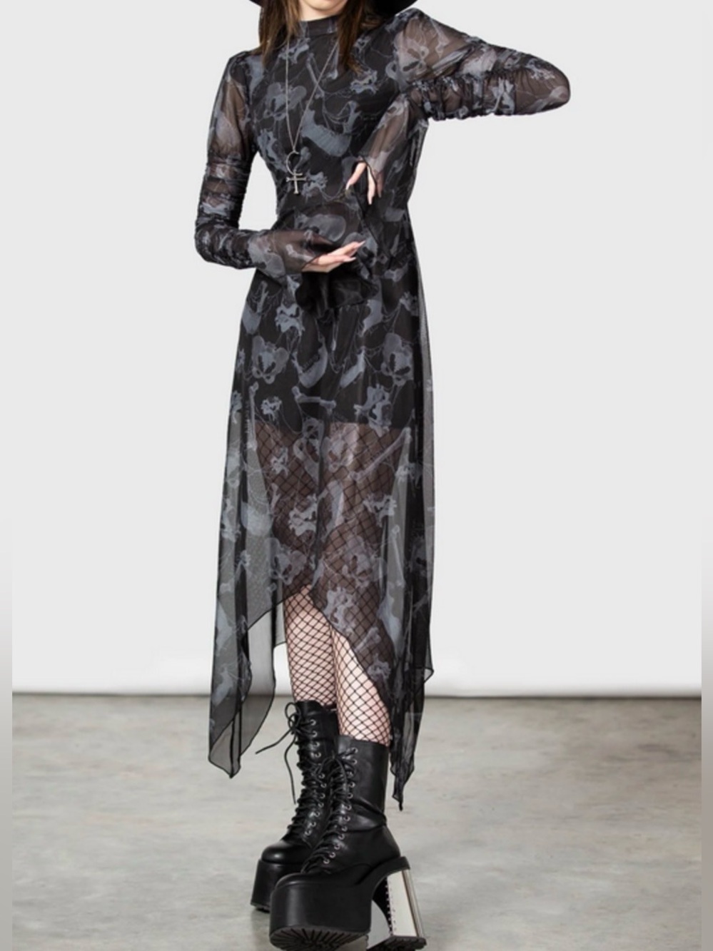 Killstar Glisten Black Mesh Asymmetric Handkerchief Midi Dress Size XS NWT